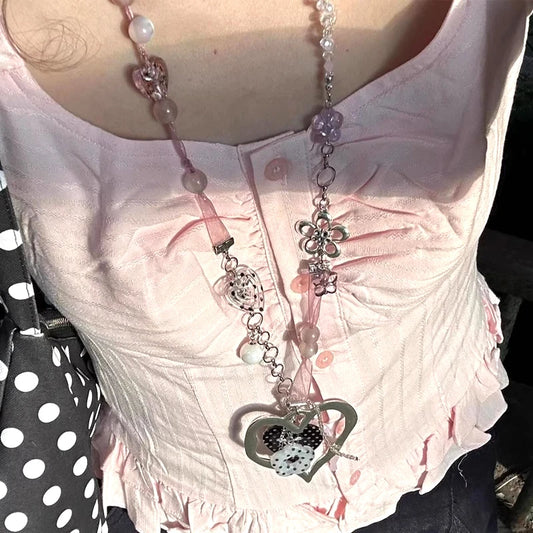 Y2K Schmuck Rosa Herz Polka Dot Blume Anhänger Halskette für Frauen Vintage Kawaii Zubehör Kette Punk Koreanische Mode Halskette - So ist Leben