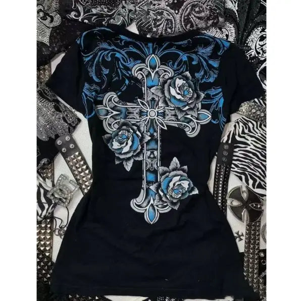 Rock Gothic Streetwear Brief Kreuz Grafik T-shirts Gyaru 2000s Kleidung Harajuku Top Frauen V-ausschnitt Tees Süße Y2k Vintage t-shirt So ist Leben