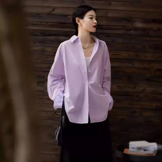 Lose Langarm Gestreiften Patchwork Süße Frische Stil frauen Hemd Frühling Herbst Neue Ankunft College Stil Lila Polyester So ist Leben