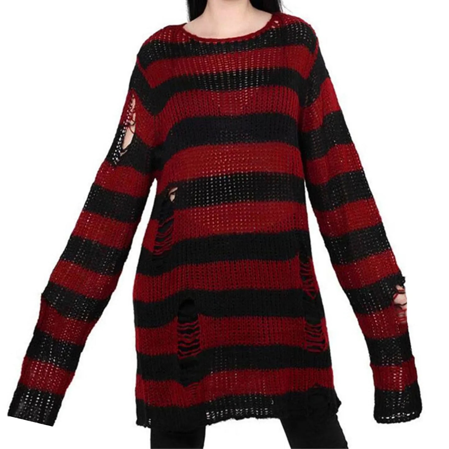 Goth Punk Gothic Pullover Übergroße Pullover Frauen Gestreiften Cool Aushöhlen Loch Gebrochen Jumper Harajuku Ästhetik Pullover So ist Leben