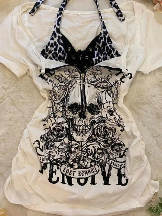 Goth Halter T-shirt Punk Y2k 2000s Gefälschte 2 Stück Schädel Druck Vintage Kurzarm Streetwear Ästhetischen Harajuku Sexy Hot Girl t So ist Leben