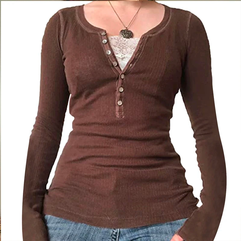 00er Jahre Retro Cottage Grunge T-Shirt Herbst gerippt gestrickt Langarm Slim Fit T-Shirts Y2K Fee 90er Jahre Vintage V-Ausschnitt Crop Tops Damen So ist Leben