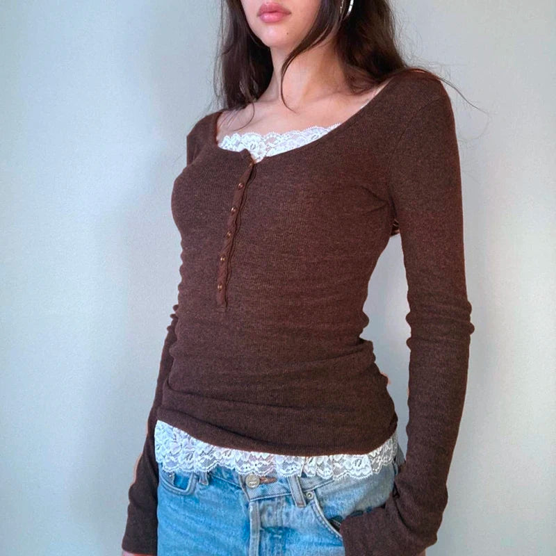 00er Jahre Retro Cottage Grunge T-Shirt Herbst gerippt gestrickt Langarm Slim Fit T-Shirts Y2K Fee 90er Jahre Vintage V-Ausschnitt Crop Tops Damen So ist Leben