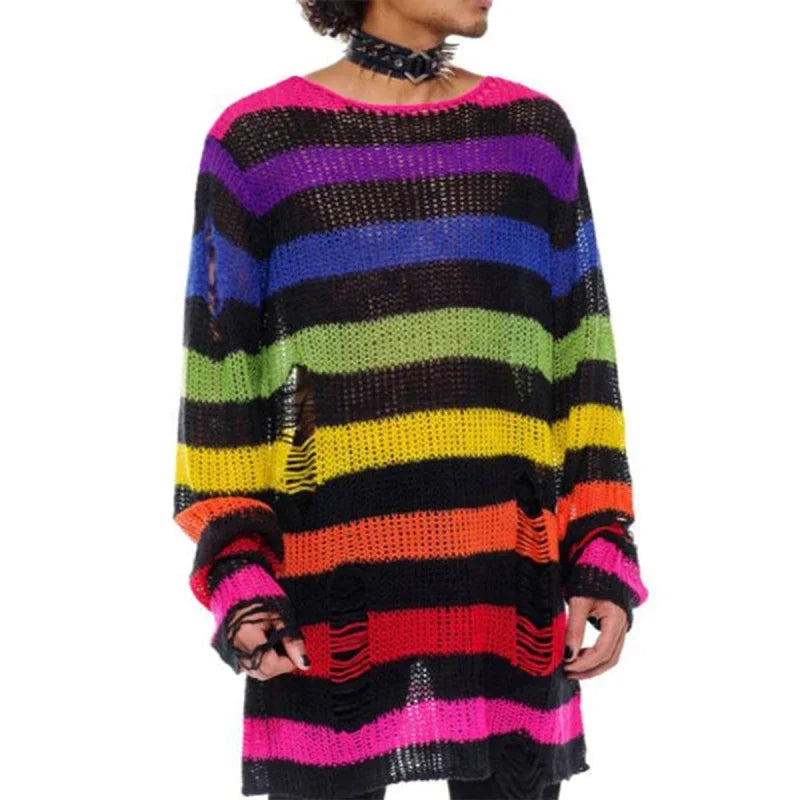 Goth Punk Gothic Pullover Übergroße Pullover Frauen Gestreiften Cool Aushöhlen Loch Gebrochen Jumper Harajuku Ästhetik Pullover So ist Leben