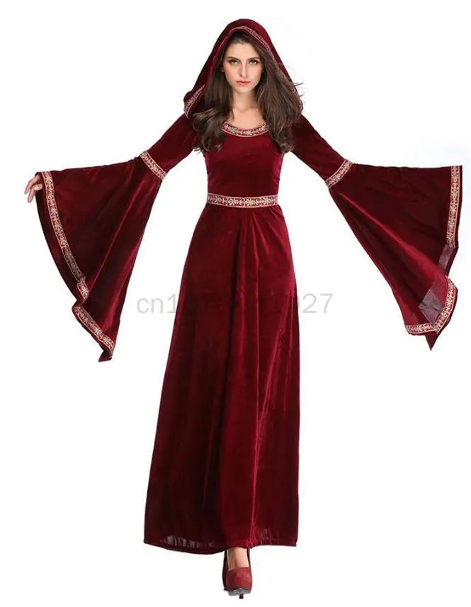 Mittelalter liches Retro viktoria nisches Kleid für Frauen Halloween Party Vampir Hexen kostüm Gothic Red Flare Ärmel Kapuze langes Kleid Vestidos So ist Leben