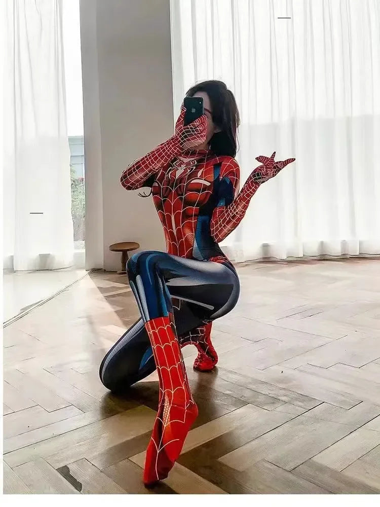 Sexy schwarze Katze Superheld Cosplay Kostüm für Spinne Frauen Halloween Kostüm Weihnachten eng 3D-Druck Jumpuit Bodysuit Mädchen So ist Leben