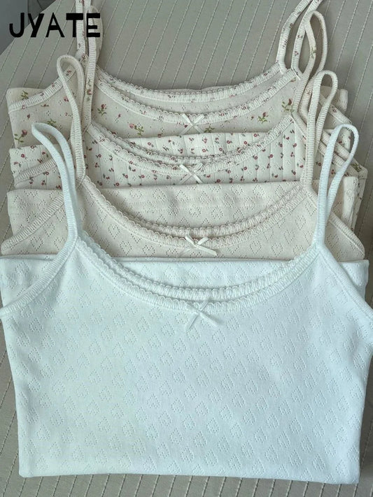 Süße Blumendruck Öse Schleife abgeschnittene Westen Frauen Baumwolle beiläufige dünne Spitzenbesatz Tank Tops Vintage Adrette süße Leibchen Y2K So ist Leben