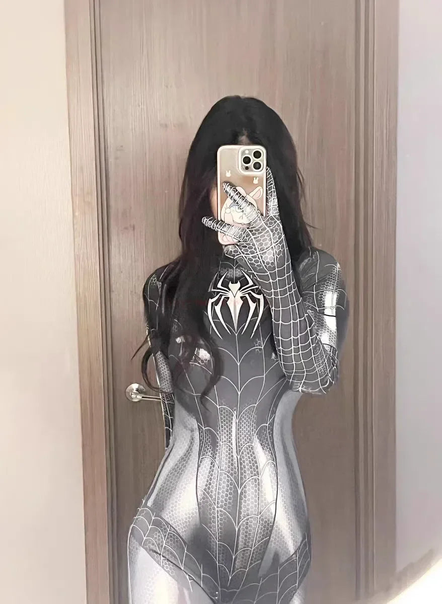 Sexy schwarze Katze Superheld Cosplay Kostüm für Spinne Frauen Halloween Kostüm Weihnachten eng 3D-Druck Jumpuit Bodysuit Mädchen So ist Leben