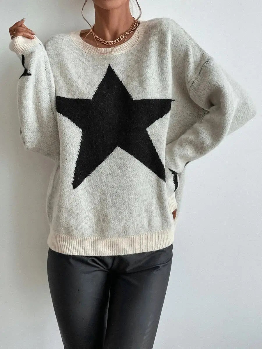 Stern Pullover Pullover Frauen Herbst Frühling Einfache Strick Elastische Pullover Jumper Casual Dicke Warme Schwarz Weiß Grundlegendes Jumper So ist Leben