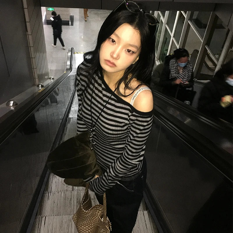 Genayooa Japanisches Y2k-T-Shirt für Damen, langärmelig, schulterfrei, gestreift, Crop-Tops, Y2k-Grunge, 2000er-Jahre, ästhetische Streetwear-T-Shirts So ist Leben