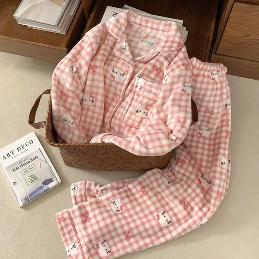 Hallo Kitty Mädchen Winter Pyjamas Hosen Sets Sanrio Flanell Homewear 2Pcs Kawaii Anime frauen Korallen Fleece Hause Kleidung warme Anzug