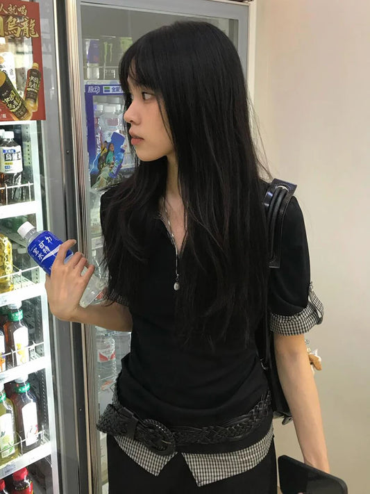 Genayooa American Retro Patchwork Shirt Damen Halbarm Freizeithemden Y2k Vintage Fake Two Pieces Tops Japanische 2000er Jahre T-Shirts So ist Leben