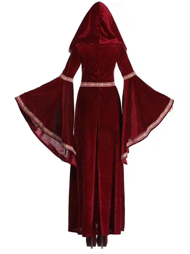 Mittelalter liches Retro viktoria nisches Kleid für Frauen Halloween Party Vampir Hexen kostüm Gothic Red Flare Ärmel Kapuze langes Kleid Vestidos So ist Leben