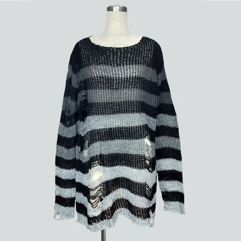 Goth Punk Gothic Pullover Übergroße Pullover Frauen Gestreiften Cool Aushöhlen Loch Gebrochen Jumper Harajuku Ästhetik Pullover So ist Leben