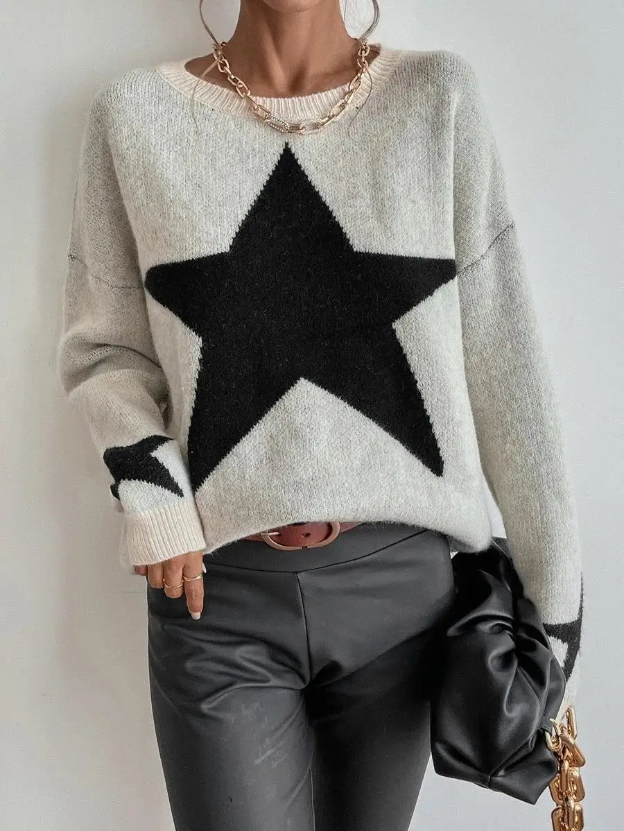 Stern Pullover Pullover Frauen Herbst Frühling Einfache Strick Elastische Pullover Jumper Casual Dicke Warme Schwarz Weiß Grundlegendes Jumper So ist Leben