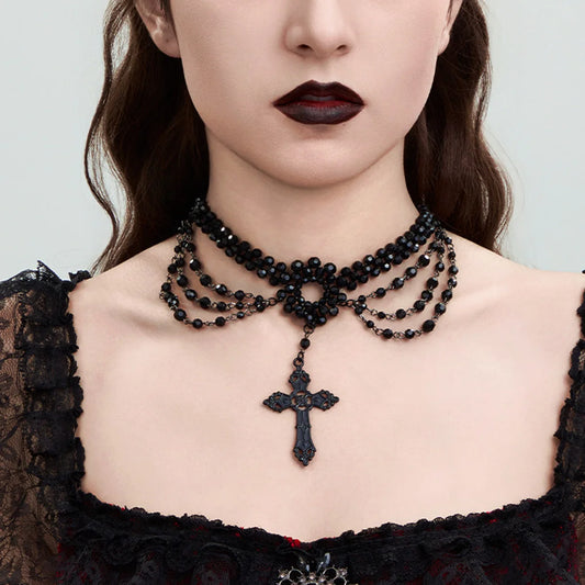 Schwarze Spitze Schlüsselbeinkette, Vintage Kreuz Kristall Perlen Quaste Halskette, Halloween Kragen Zubehör So ist Leben
