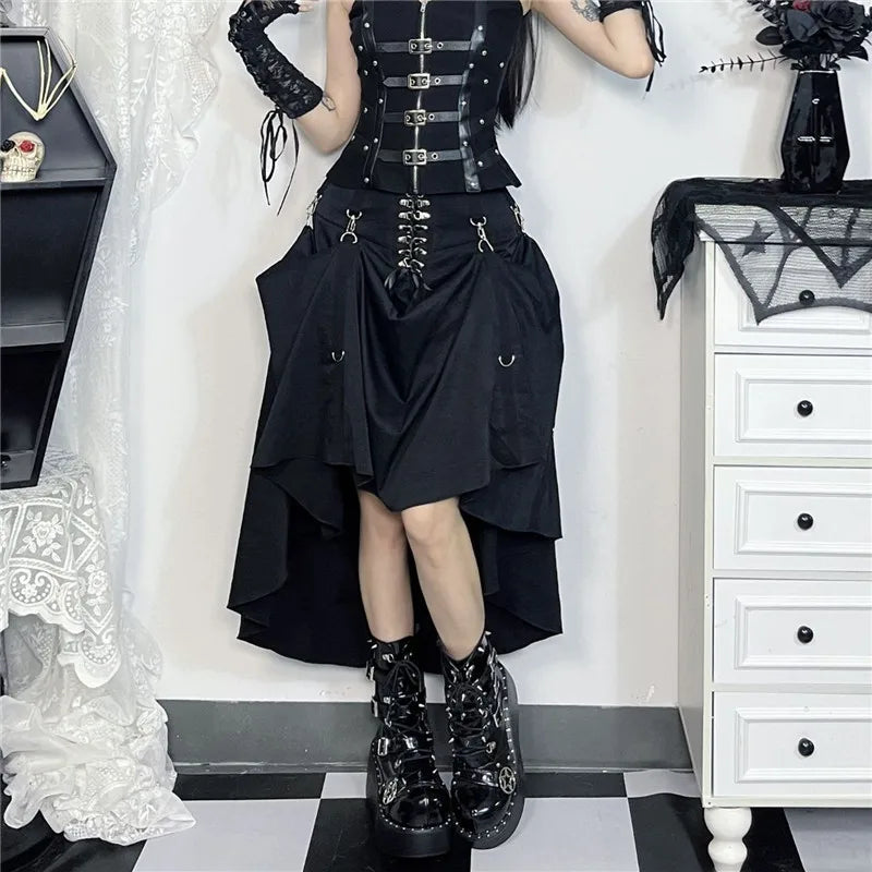Goth Dark Acubi Mode Schwarz Swing A-linie Rock Punk Grunge Metall Schnalle Streetwear Frauen Bandage Röcke Mall Gothic Alt Tuch So ist Leben