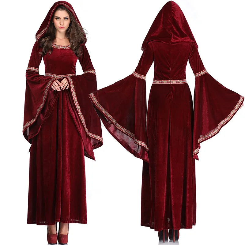 Mittelalter liches Retro viktoria nisches Kleid für Frauen Halloween Party Vampir Hexen kostüm Gothic Red Flare Ärmel Kapuze langes Kleid Vestidos So ist Leben