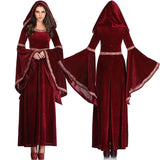 Mittelalter liches Retro viktoria nisches Kleid für Frauen Halloween Party Vampir Hexen kostüm Gothic Red Flare Ärmel Kapuze langes Kleid Vestidos So ist Leben