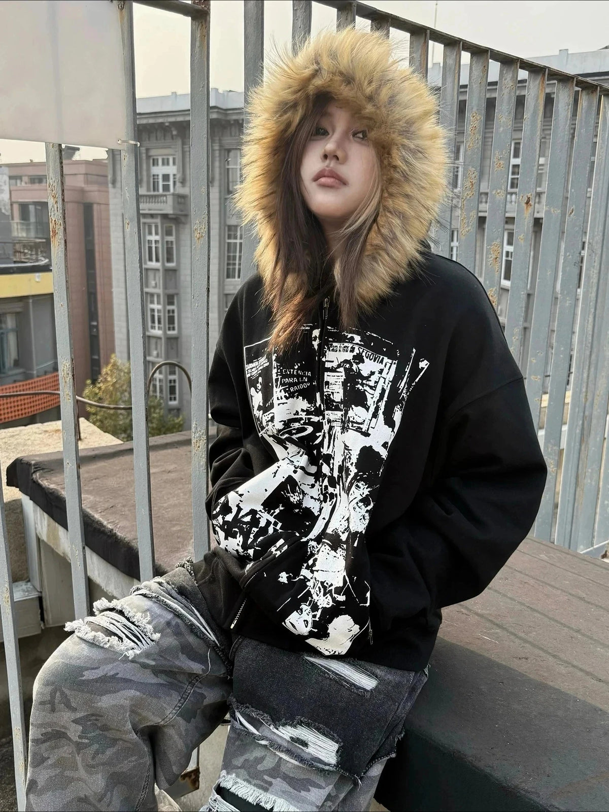 Vintage Sweatshirts 2025, Damenbekleidung, weißer Druck, Tunika mit Kapuze, Y2k-Mantel, Streetwear, Mode, lässige Hoodies, Tops, Ropa Mujer So ist Leben