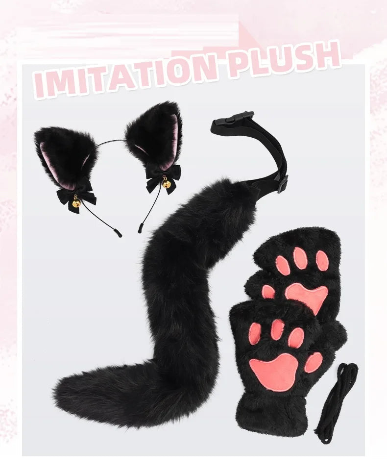 Halloween-Katzen-Kostüm-Set für Mädchen, Cosplay, Halloween-Katzen-Kostümzubehör mit Stirnband, Schwanz, Handschuhe, 3-teilig So ist Leben
