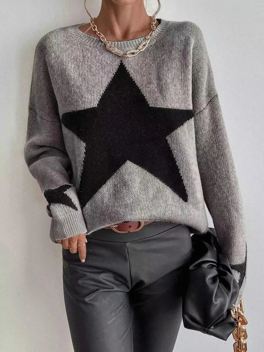Stern Pullover Pullover Frauen Herbst Frühling Einfache Strick Elastische Pullover Jumper Casual Dicke Warme Schwarz Weiß Grundlegendes Jumper So ist Leben