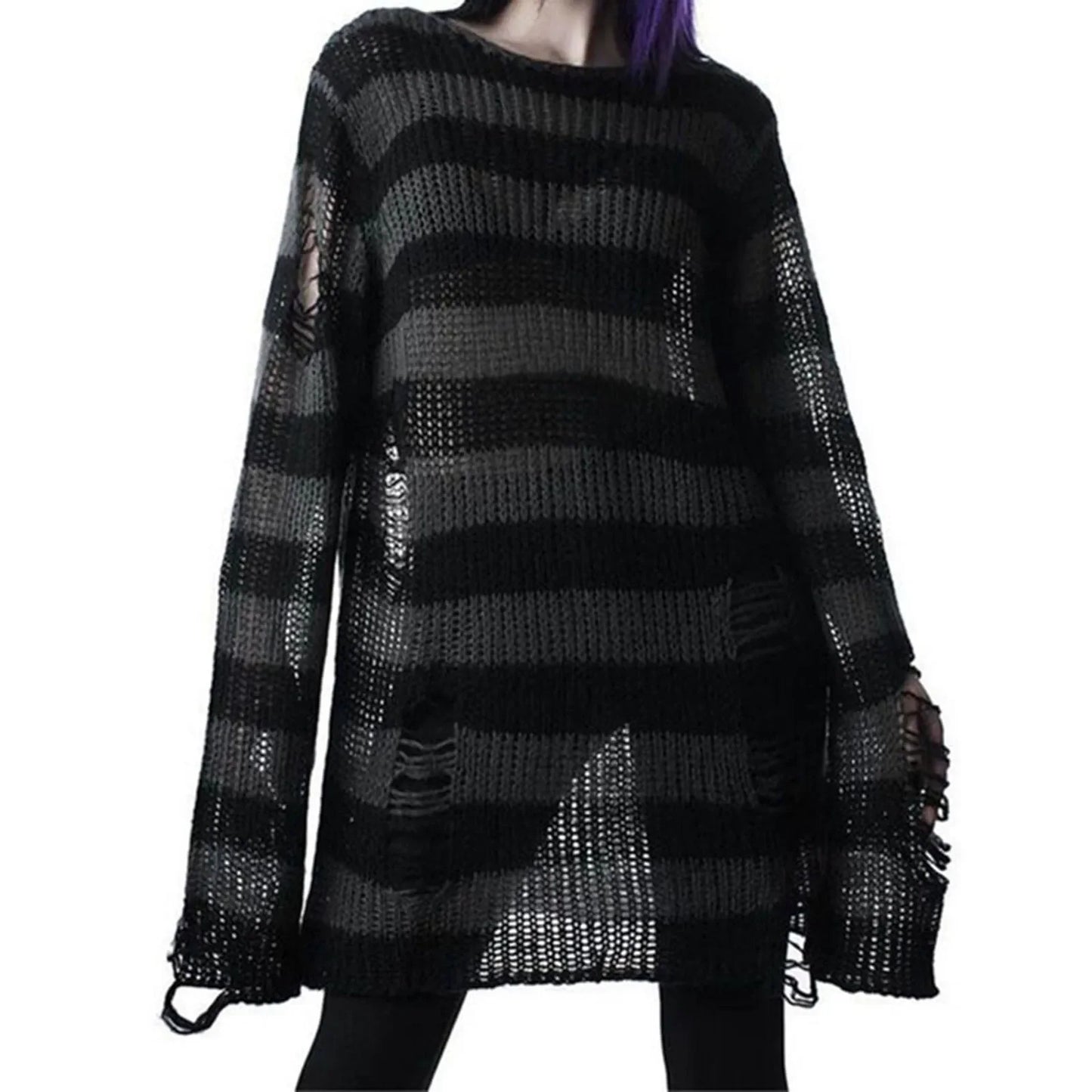 Goth Punk Gothic Pullover Übergroße Pullover Frauen Gestreiften Cool Aushöhlen Loch Gebrochen Jumper Harajuku Ästhetik Pullover So ist Leben