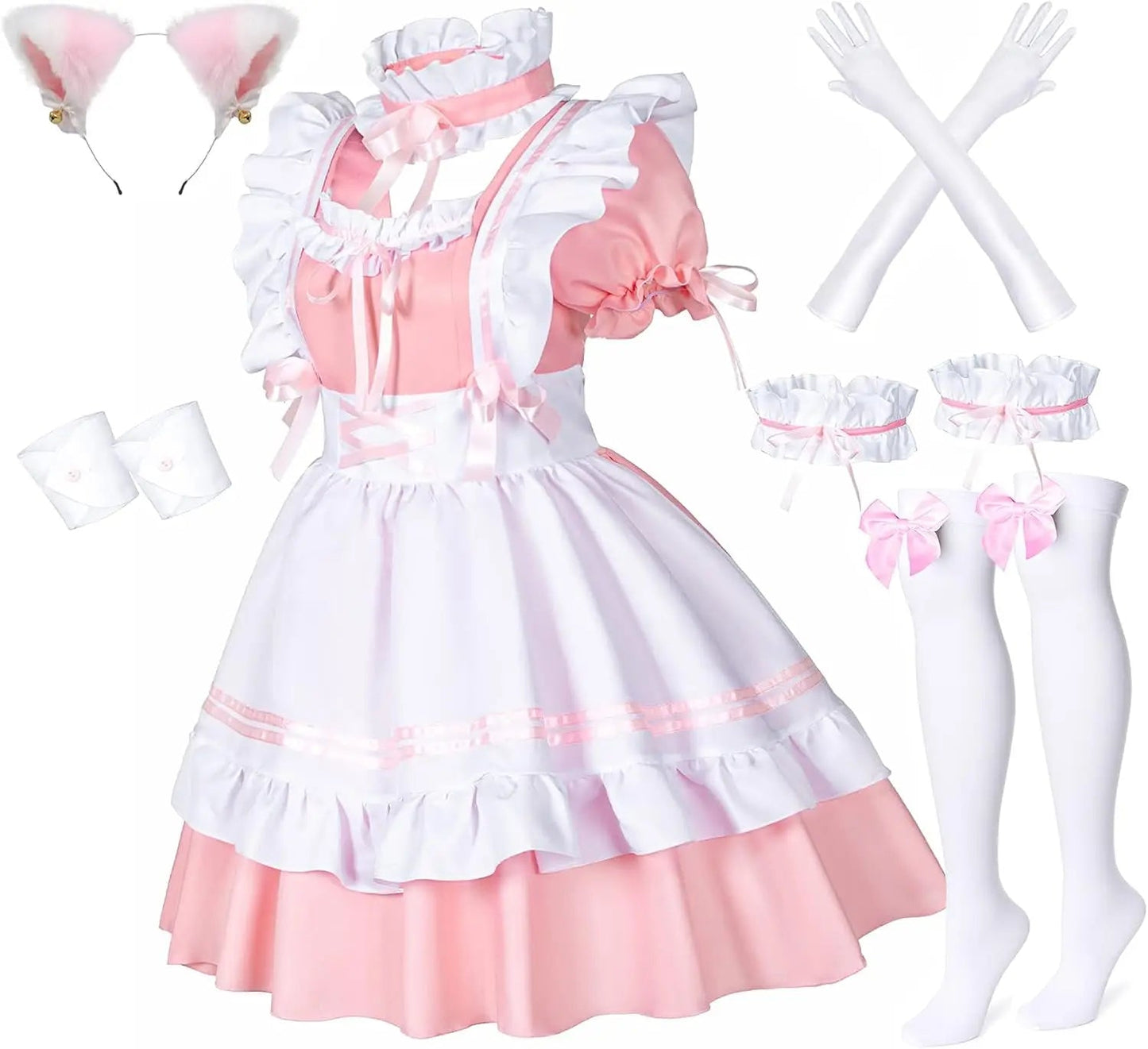 Anime Französisch Maid Schürze Lolita Kostüm Cosplay Kostüm Pelzigen Katze Ohr Handschuhe Socken Halloween Karneval Party So ist Leben