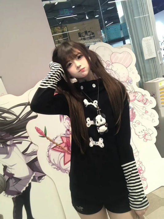 Genayooa Y2k Japanische Kapuze Frauen Patchwork Druck Sweatershirt Pollovers Streetwear Vintage Grunge Tops Winter Mäntel Fairycore So ist Leben