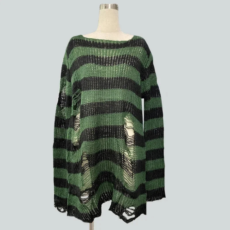 Goth Punk Gothic Pullover Übergroße Pullover Frauen Gestreiften Cool Aushöhlen Loch Gebrochen Jumper Harajuku Ästhetik Pullover So ist Leben