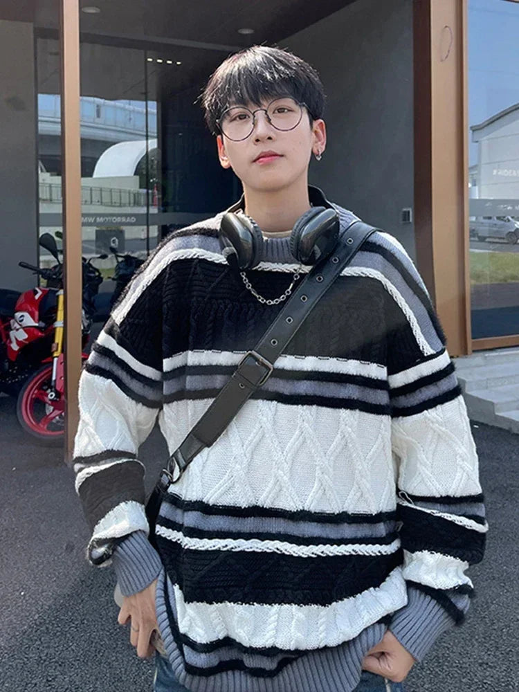 Winter Y2K Vintage Gestreifter Pullover Für Mann 2025, Neue Patchwork Baggy Gestrickte Pullover Koreanische Mode Streetwear Strickwaren Jersey So ist Leben