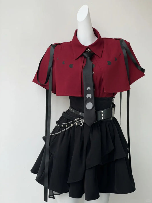 Gothic Harajuku 2-teiliges Set Damen Vintage Y2k Crop Top Bluse + Schwarz Hohe Taille Retro Rock Gürtel Party Vintage Sets Chic So ist Leben