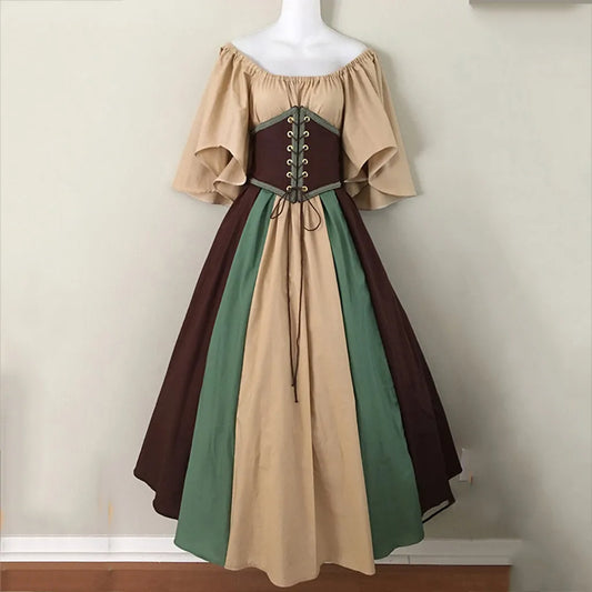 Damen Patchwork Mittelalter Renaissance Kleid Halloween Gothic schulterfreies Retro Langes Kleid So ist Leben