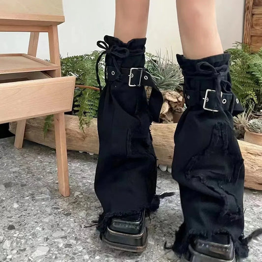 Mode y2k Bein wärmer Punk Harajuku schwarz Denim Bein abdeckungen Vintage Kordel zug Riemen Stiefel Socken So ist Leben