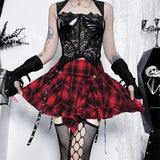 Damen Gothic-Minirock mit Ösen, Bandagen, Karomuster, gestuft, plissiert, A-Linie So ist Leben
