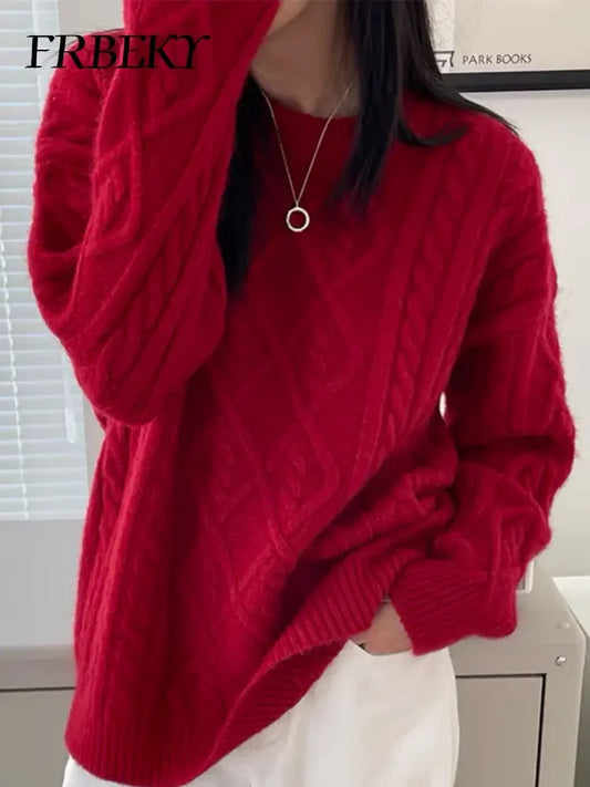 Pullover Frau Winter 2023 Rundhals Bodenbildung Twist Pullover Faul Wind Lose Beiläufige Stricken Pullover Langarm Pullover Jumper So ist Leben