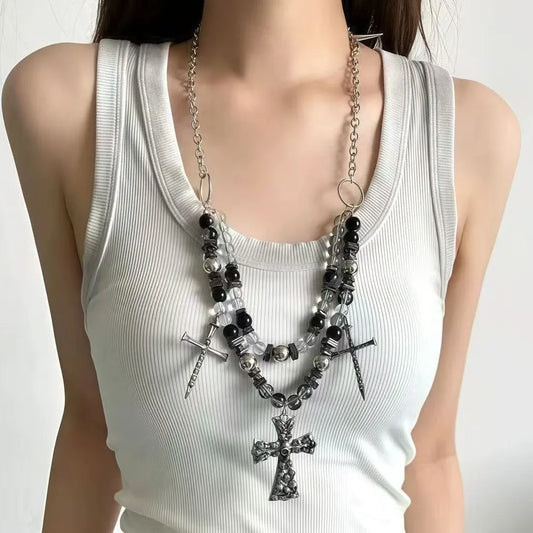 Punk Schwergewicht Totenkopf Kreuz Anhänger Halskette Gothic Dunkler Stil Niete Perlen Schmuck Umhängetasche Accessoire Glasperle Personalisiert So ist Leben