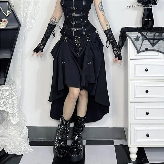Goth Dark Acubi Mode Schwarz Swing A-linie Rock Punk Grunge Metall Schnalle Streetwear Frauen Bandage Röcke Mall Gothic Alt Tuch So ist Leben