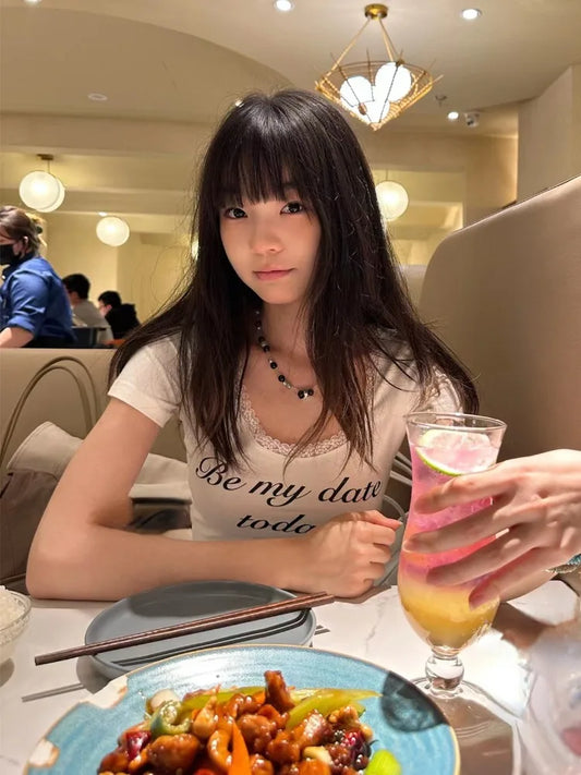 Harajuku u Hals Spitze süße Ernte T-Shirts Frauen schlanken Brief druck y2k ästhetische T-Shirts lässig Vintage Grunge Bottom ing T-Shirts So ist Leben