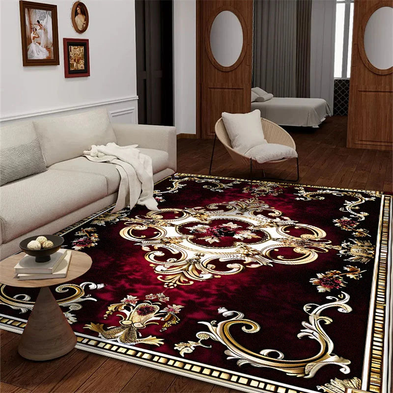 Wohnzimmer mit großem Teppich im roten Design im europäischen Stil - So ist Leben