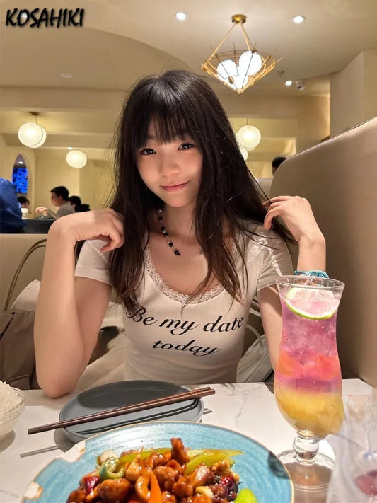 Harajuku u Hals Spitze süße Ernte T-Shirts Frauen schlanken Brief druck y2k ästhetische T-Shirts lässig Vintage Grunge Bottom ing T-Shirts So ist Leben