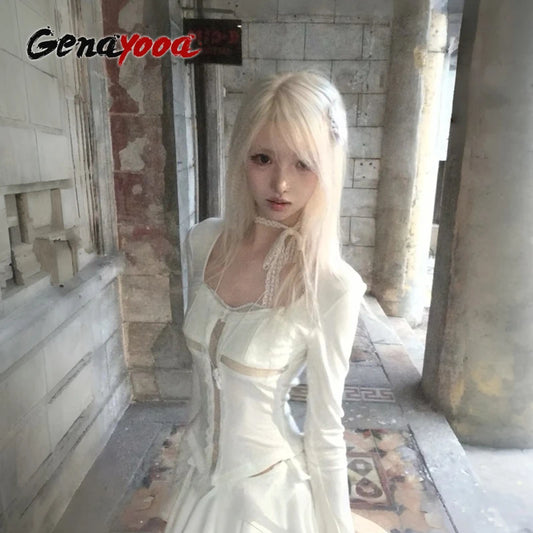 Genayooa Y2k Fairycore T Shirt Frauen Spitze Patchwork Crop Tops Streetwear Japanische 2000er Jahre Grunge Tops E-mädchen ästhetische T-shirts So ist Leben