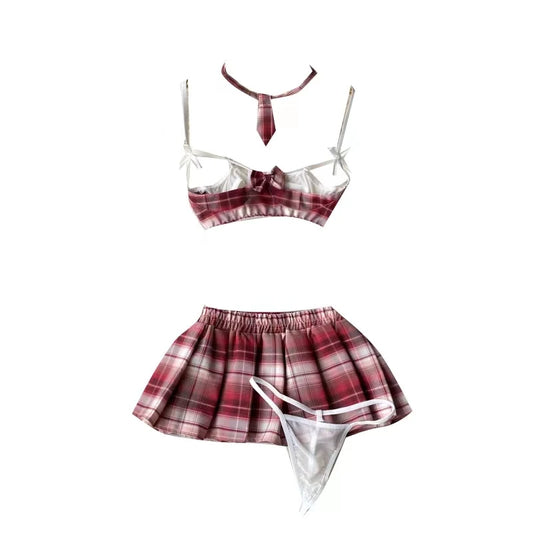 Süßes Kariertes Ausgeschnittenes BH-Minirock-Set Damen Schulmädchen Cosplay Kostüm Sexy Schülerinnen-Uniform Heim-Lingerie Outfit So ist Leben