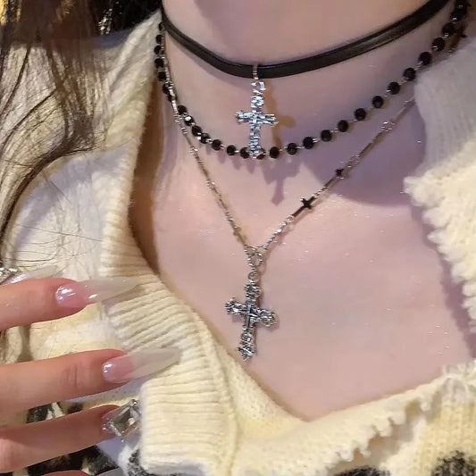 Gothic Y2K Metall Kreuz Anhänger Multi Layer Perlen Halskette Für Frauen Männer Vintage Punk Grunge EMO Charme Schmuck Zubehör Geschenk So ist Leben