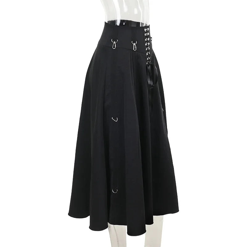 Goth Dark Acubi Mode Schwarz Swing A-linie Rock Punk Grunge Metall Schnalle Streetwear Frauen Bandage Röcke Mall Gothic Alt Tuch So ist Leben