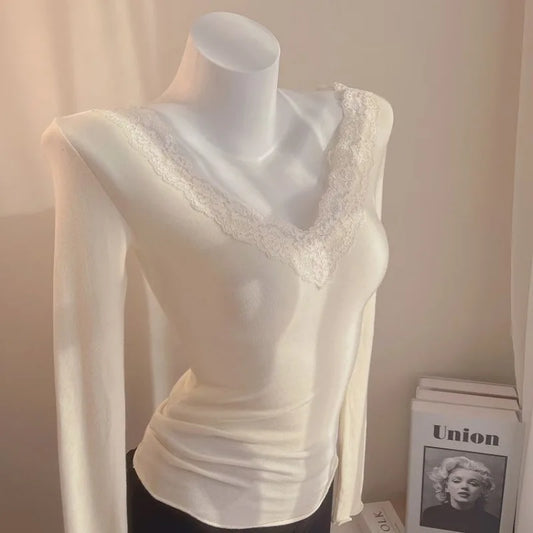 Weiße Spitze T-Shirts Frauen Basic gespleißt zarte sexy Damen Französisch Stil ästhetische Langarm schlanke sanfte Winter Innen oberteile - So ist Leben