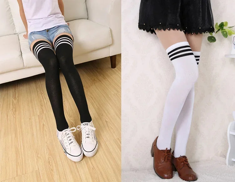 Overknee-Oberschenkelstrümpfe für Damen im akademischen Stil, schwarz-weiß gestreift, lange Socken, Overknee-Strümpfe für Damen und Mädchen, warmes Knie So ist Leben