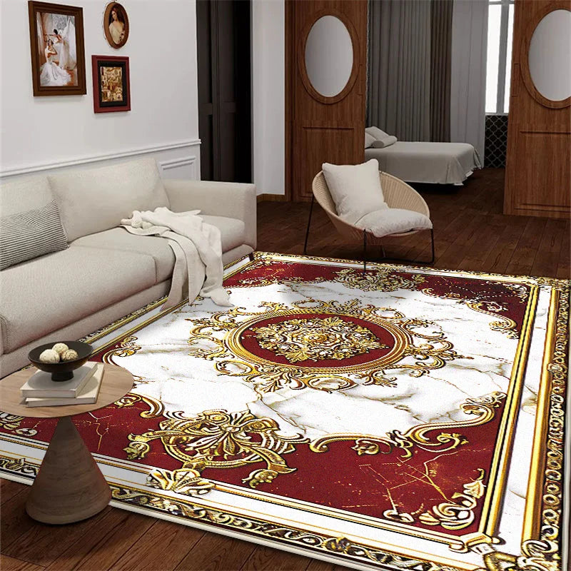 Wohnzimmer mit großem Teppich im roten Design im europäischen Stil - So ist Leben