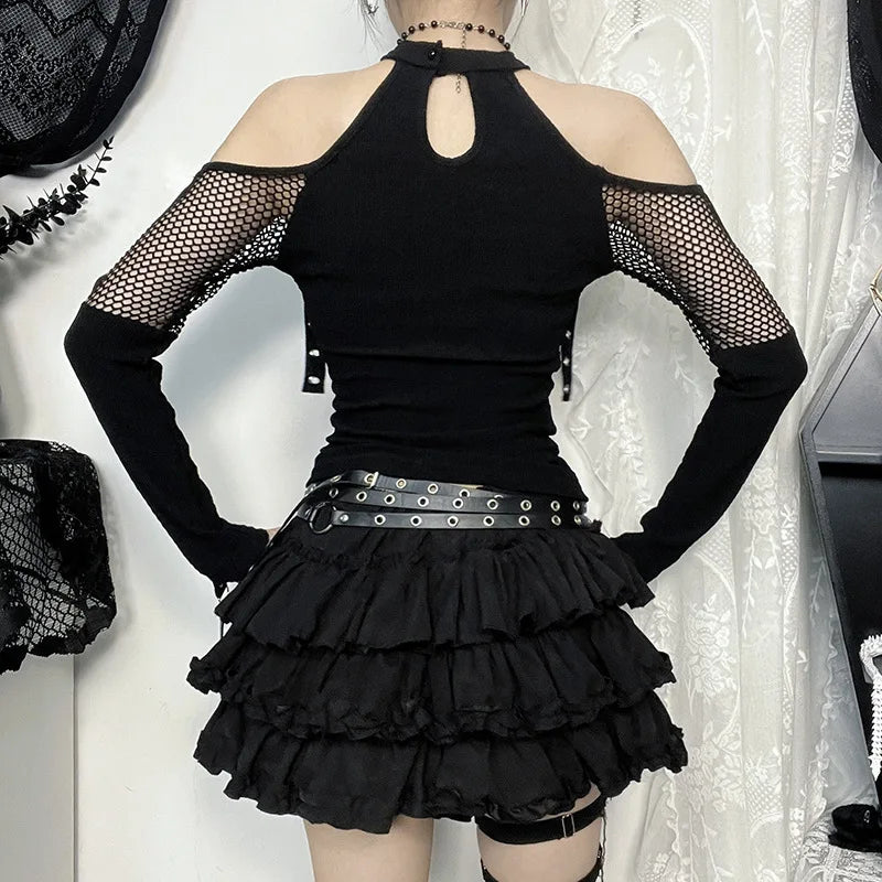 Goth Dark Punk Grunge Fishnet Patchwork Off Schulter T-shirts Trim Mais Strap Halter Tops Herbst Mall Gothic Streetwear T-shirt So ist Leben