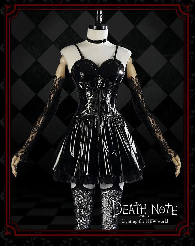 Misa Amane Cosplay Kostüm Perücke Kunstleder Sexy Kleid Halskette Spitze Ärmel Strümpfe Frauen Uniformen Anime Outfits